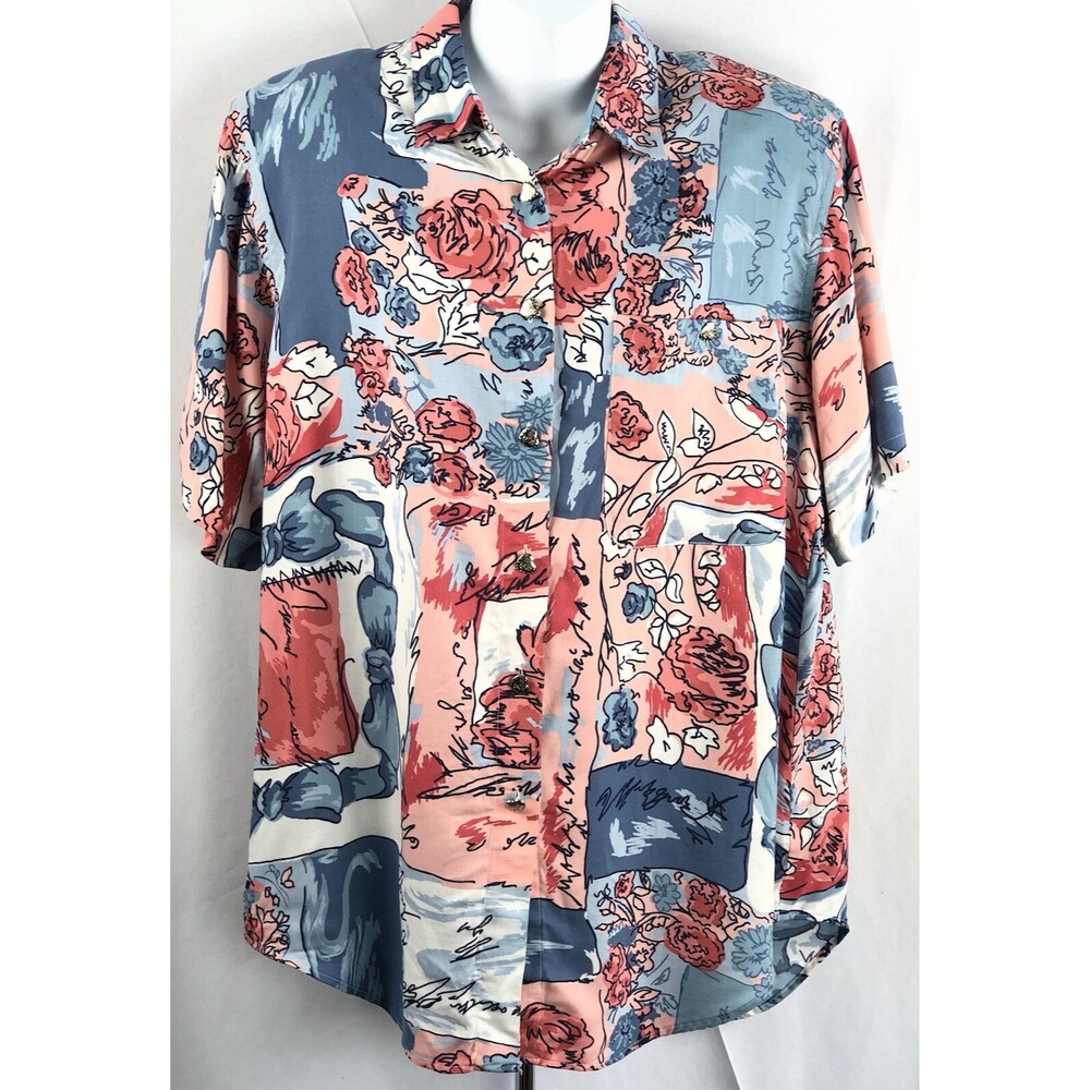Vintage Stefano Top M (XL oversized) Peach/Blue Geo Art Heart Buttons Colorful